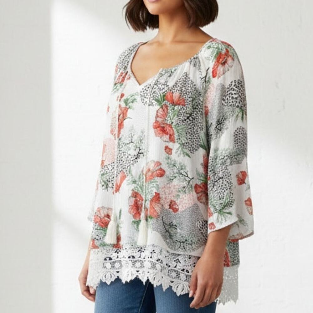 Style & Co Floral Peasant Top Womens Medium Petite Tasseled Boho Lace Hem Tunic